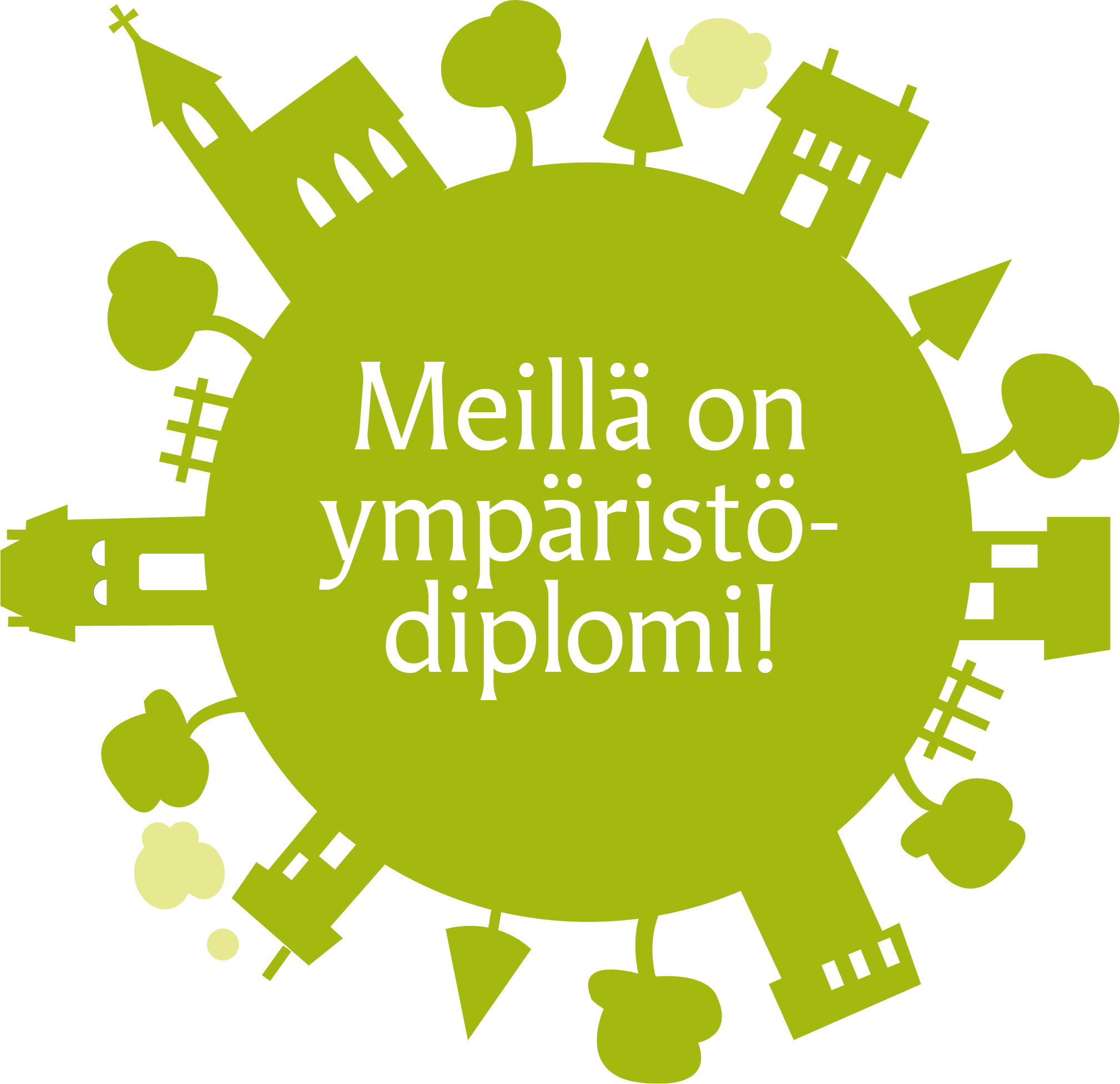Vihreät ja ruskeat lehdet ovat ympyrässä kuukausien mukaisesti ja lehtien keskellä on  teksti Meillä on ymp...
