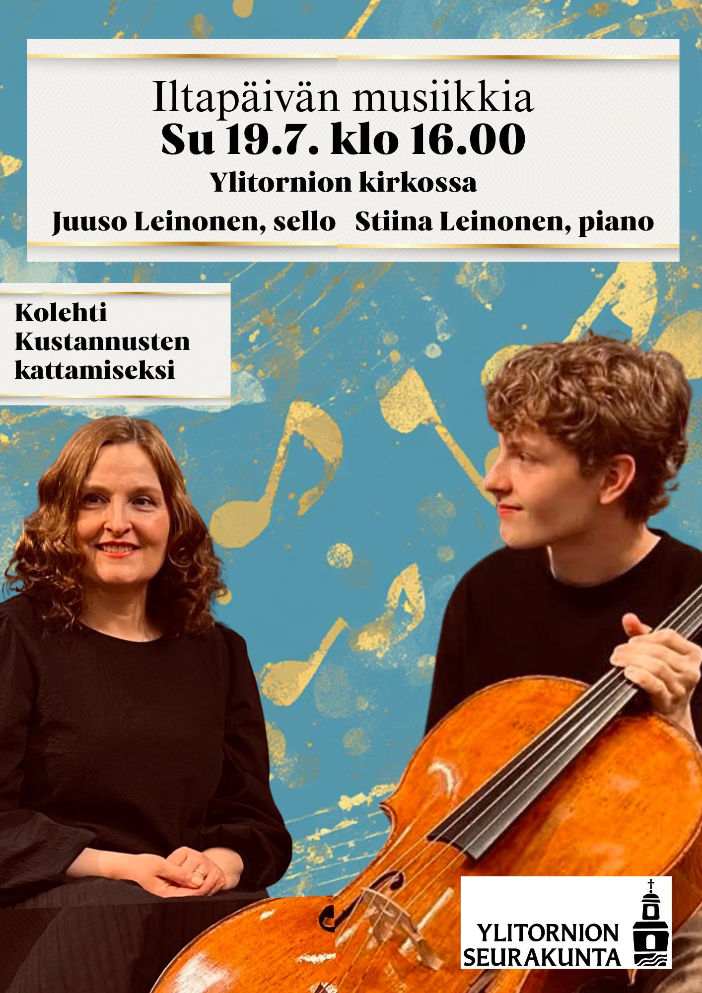 Juuso Leinonen, sello ja Stiina Leinonen, piano soittavat sunnuntai-iltapäivän säveliä Ylitornion kirkossa 